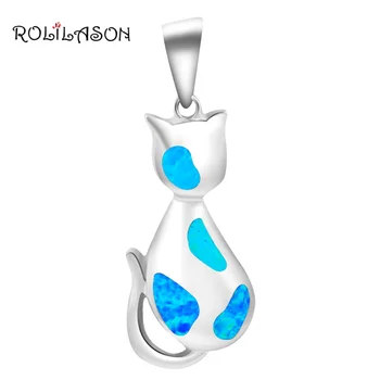 

Birthday gifts Wholesale Retail Blue Fire Opal Cute Cat Silver Stamped fashion jewelry Necklace Pendants for ladies OP377