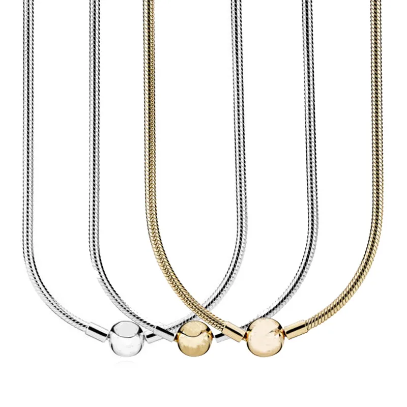 

Golden & Silver Lobster Ball Clasp Snake Chain Necklace For Women Wedding Gift Pandora Jewelry 925 Sterling Silver Necklace