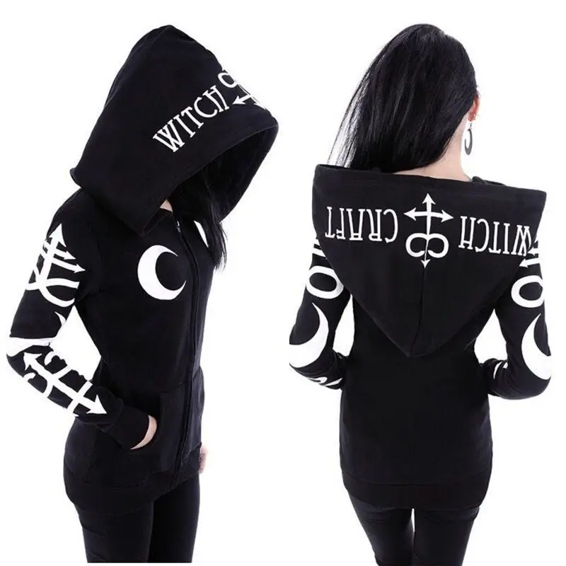 

Gothic Punk Hoodies Women Casual Harajuku Black Hoodie Witch Moon Print Letters Loose Hoody Autumn Long Sleeve Sweatshirt