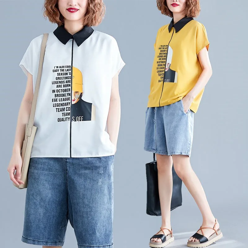 

Contrast Pattern Letters Character Printed Fashion Ladies Blouses Short Sleeves Summer Tops Loose Chiffon Shirt Peter Pan Collar