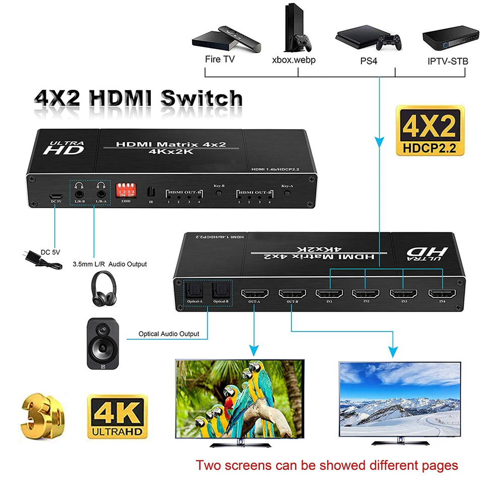 4K HDMI матричный 4x2 Переключатель сплиттер Поддержка HDCP 2,2 ИК пульт дистанционного управления HDMI коммутатор 4x2 Spdif 4K 30Hz HDMI 4x2 матричный переключатель