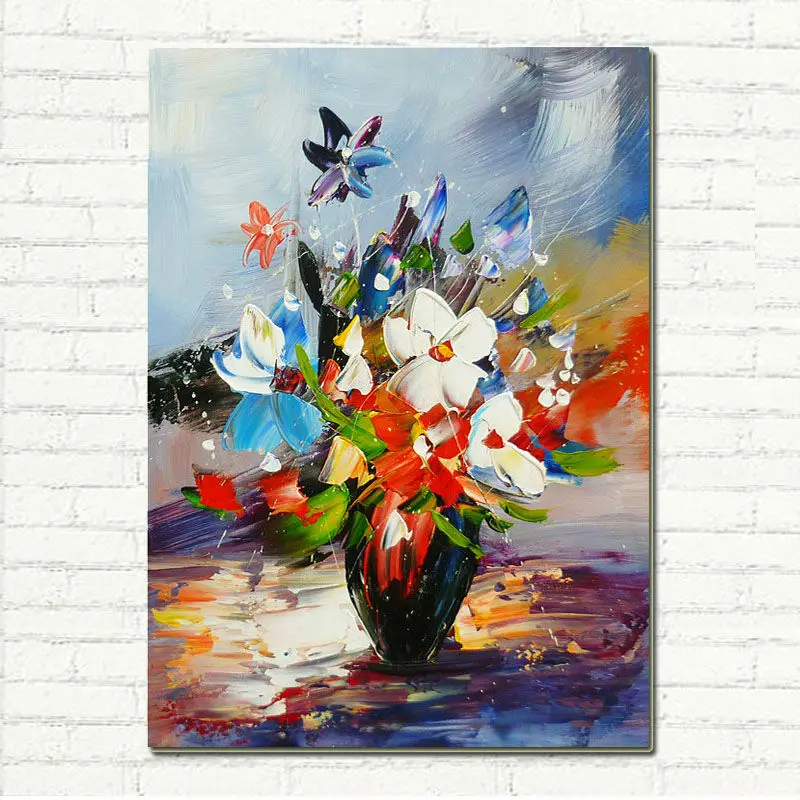 

Vase of Colorful Flowers - Hand Painted Textured Palette Knife Abstract Floral Art Oil Painting On Canvas For Decoration