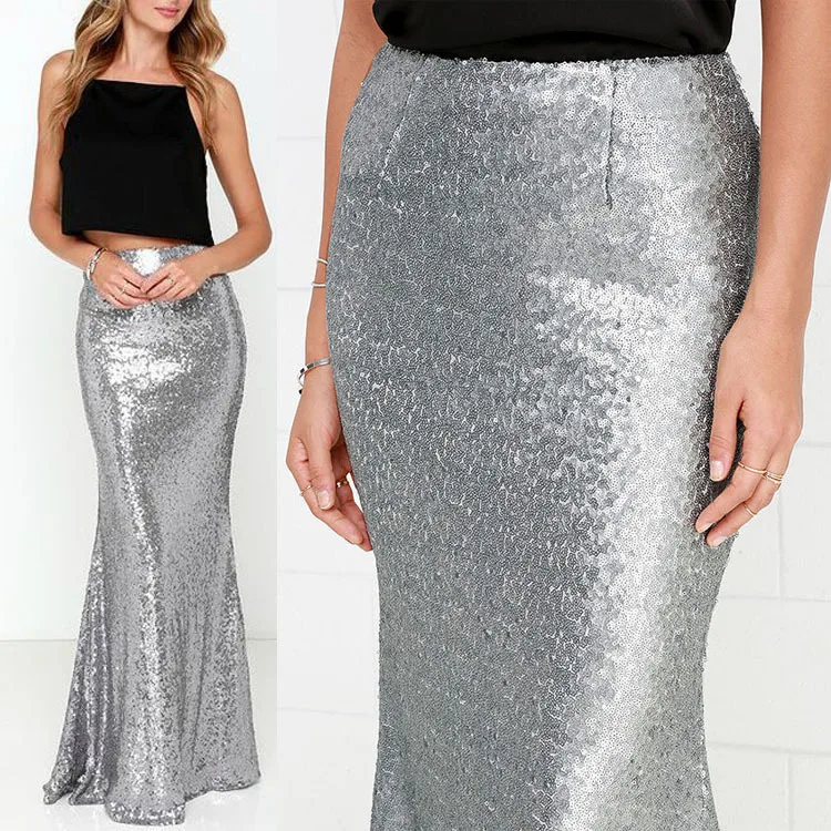 

2018 Women Long Sequined Skirt Sexy Vintage women Trumpet Solid High Waist Plus Size Ladies Party Club Mermaid Skirts