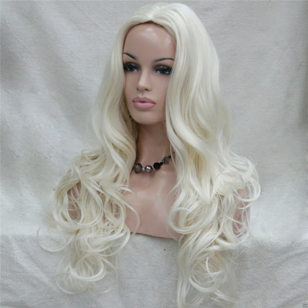 E-233 #614 new fashion sexy no bangs skin top 26 white blonde long wavy synthetic full wig (3)