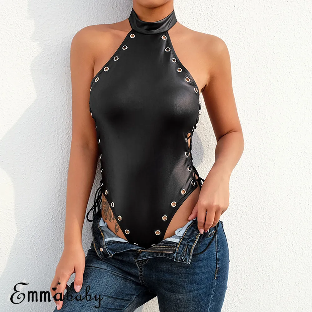 

Fashion Women Leotard Body Lace Up Top PU Leather Sleeveless Halter Neck Bandage Jumpsuit Bodysuit