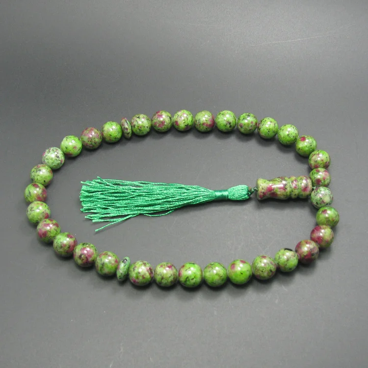

SYNTHETIC epidote STONE 33 beads green and red round Shape 12mm Tasbih Prayer beads Islamic Muslim Rosary Allah