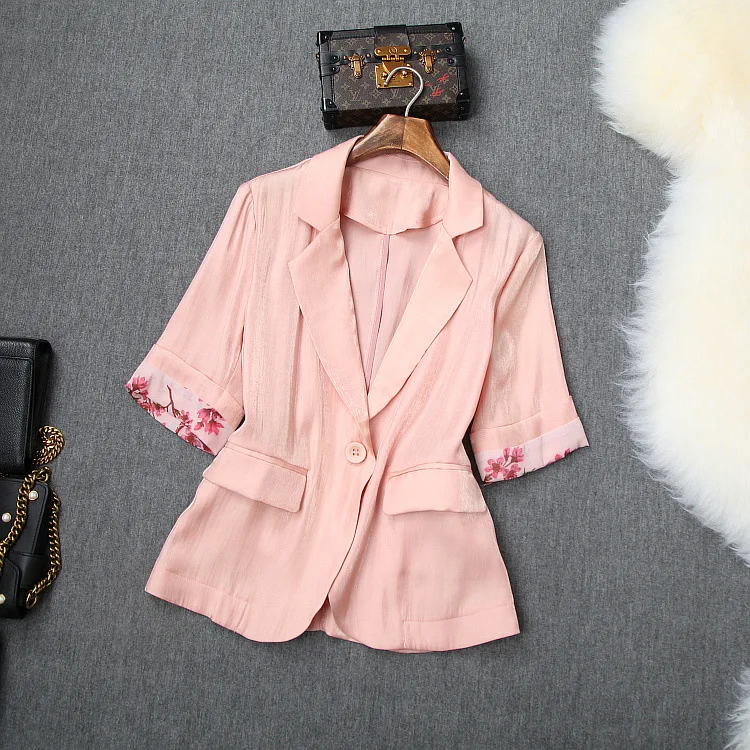 Dress Suit 2019 Women's Spring Summer Single Button Small Blazer + Pink Printed Cake Chiffon Slip Dress Two Piece Set Female