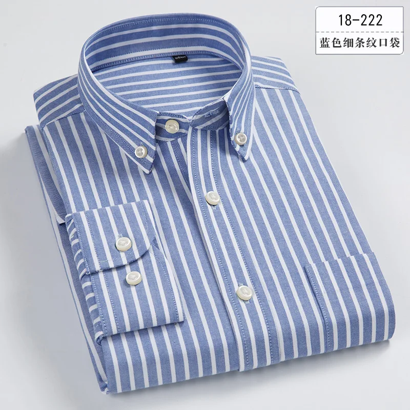 Большие размеры 5XL 6XL 7XL 8XL Весенняя Мужская рубашка из чистого хлопка Оксфорд на пуговицах Повседневная однотонная полосатая рубашка белого и синего цвета - Цвет: 18-222