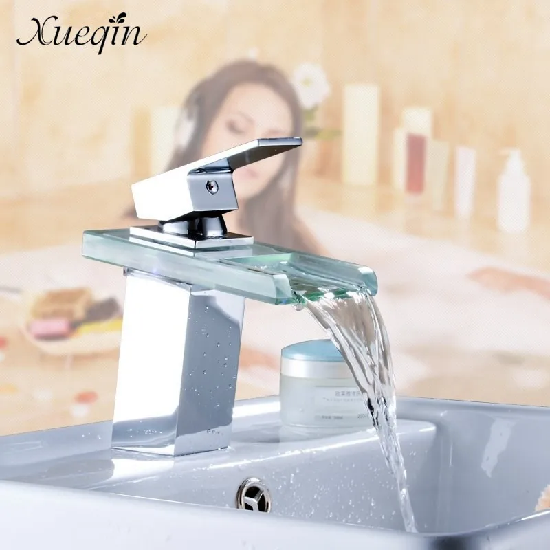 Online LED Farbwechsel Glas Wasserfall Waschbecken Wasserhahn Bad Badewanne Einzigen Handgriff Waschbecken Mischbatterie Küche Wasser Wasserhahn Chrom finish
