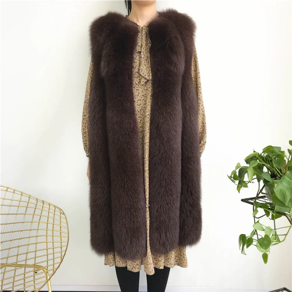 Natural Fox Fur Long Vest Female Winter Real Fox Fur Gilet Women Luxury