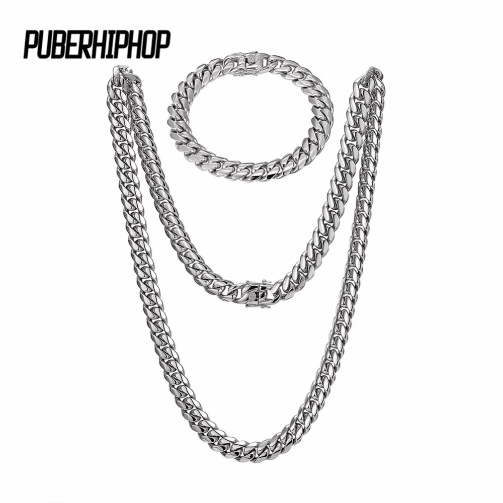 

10mm Men Cuban Miami Link Necklace Stainless steel Rhinestone Clasp Iced Out Gold Silver Hip h op Chain Necklace 76cm Gold Chain