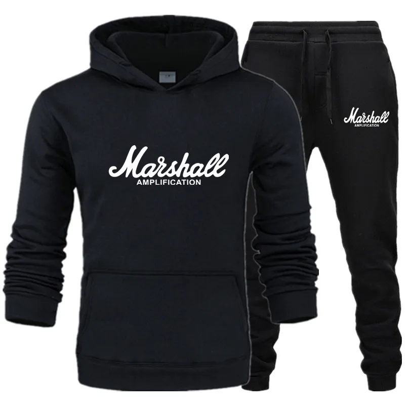 Горячий Marshall мужской костюм с капюшоном усиленная Мужская мода толстовки+ брюки Зима Осень Хип-хоп Брендовые мужские комплекты с капюшоном M-3XL - Цвет: black218-220
