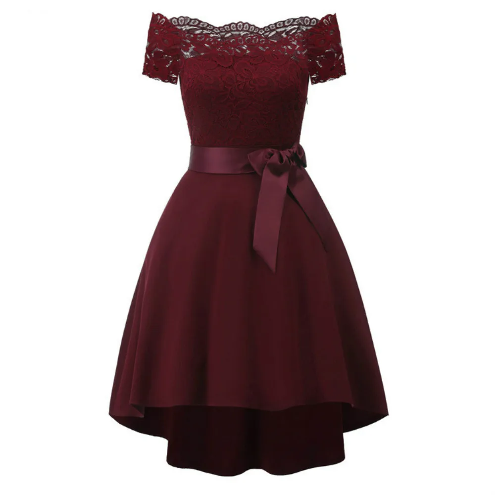 

Women's 2019 Summer New Elegant Solid Color Short Sleeve Simple A-line Lace Off-Shoulder Sexy Fashion Dress