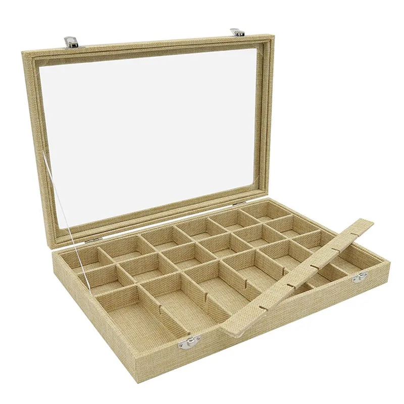 

24 Grid Linen Jewelry Box Removable Jewelry Showcase Storage Rings Earrings Brooch Buttons Vintage Jewelry Organizer Glass Top