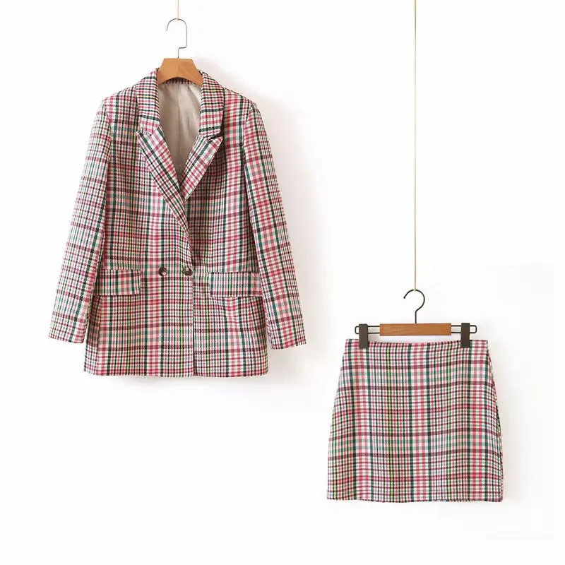 

Plaid Suit + Short Skirt Mini Female Jacket Set Fashion Temperament Waist Retro Loose Long Casual Double-breasted Suit Women