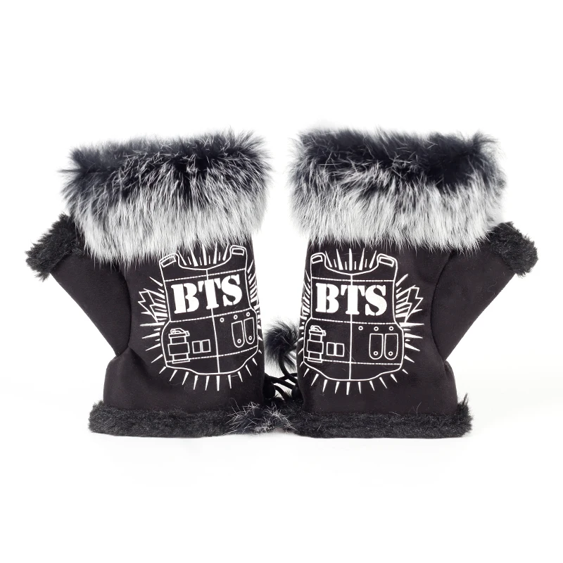 Winter BTS cute warm plush thick nylon warm gloves female plush fingerless personality rope gloves women's fur faux fur gloves