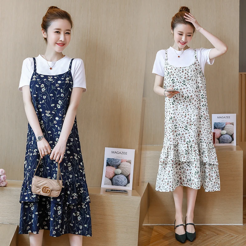 

2018 wummer maternity dress suits short sleeve tees+floral strap dress ruffles patchwork pregnant women printed dress