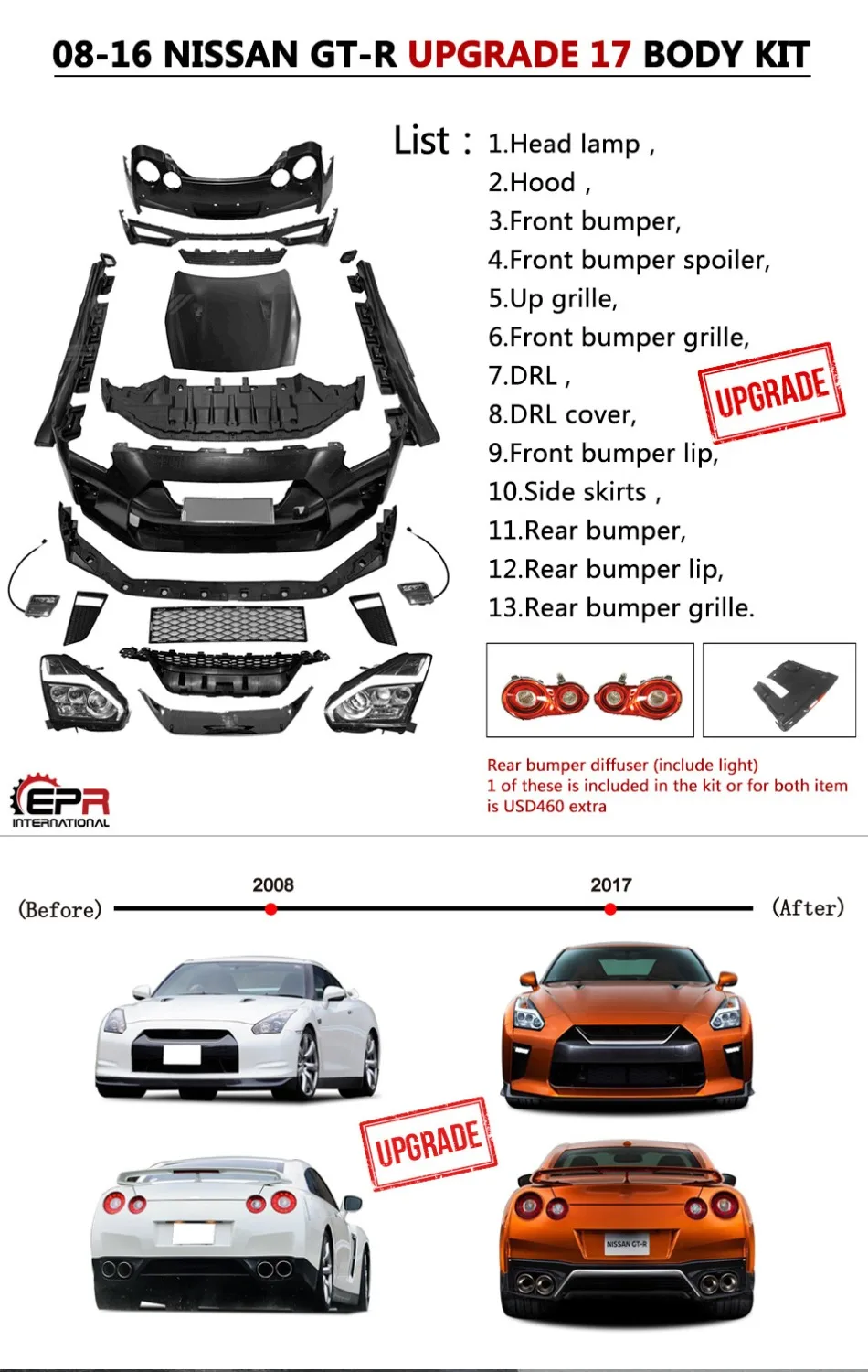 Автомобильные аксессуары для Nissan R35 GTR 08-16 CBA DBA PP Poly Body Kit обновление до MY17 гоночная часть с фарой