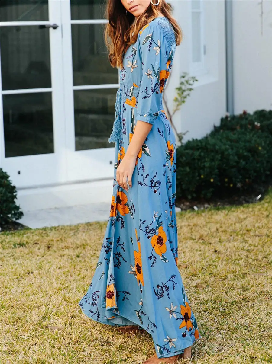 Gladiolus 2019 Spring Summer Dress Women 34 Sleeve V Neck Sexy Floral Print Bohemian Women Maxi Dress Long Beach Ladies Dresses (86)