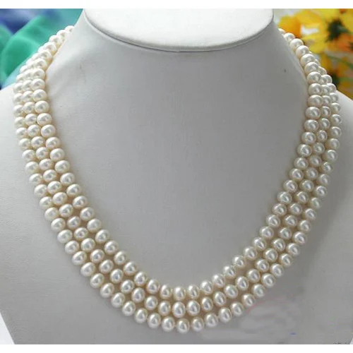 

New Arriver Pearl Jewellery,3Rows 6-7mm White Round Freshwater Pearl Necklace,Handmade Birthday Gift For Women