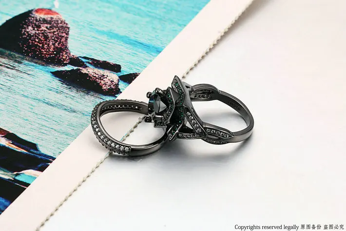 Double Fair Black Nano & Green Cubic Zirconia Rings Sets Black Gold Color Fashion Engagement Party Crystal Women Jewelry DFR697