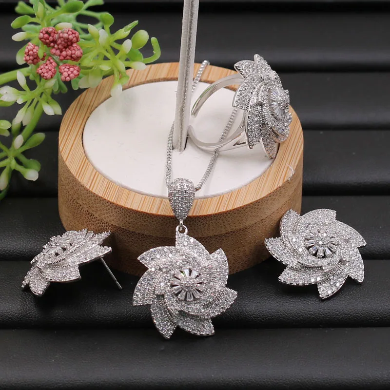 Lanyika комплект ювелирных изделий отличительным спиральной цветок микро покрытием Цепочки и ожерелья с серьги и кольцо для девочек Обручение популярные подарки - Окраска металла: White Plated