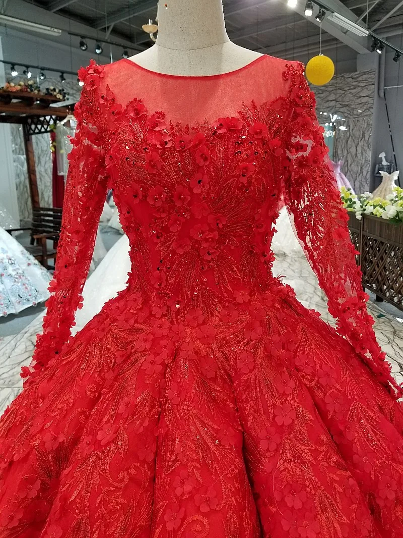 2018 Новый Индонезии мусульманское Красный Кружева Совок винтажные Свадебные платья длиной до пола, Кружева волны бальное платье Vestido De Noiva