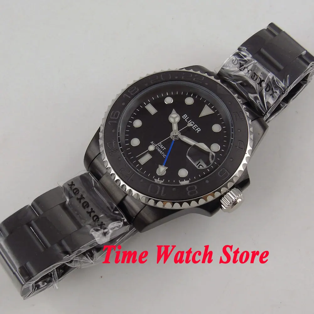 Bliger 40 мм GMT 3804 автоматические мужские часы PVD корпус черный циферблат светящийся