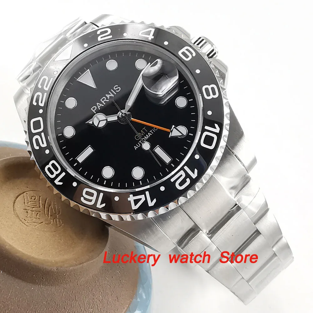 40 мм Parnis черный керамический ободок Циферблат оранжевый GMT светящиеся отметки