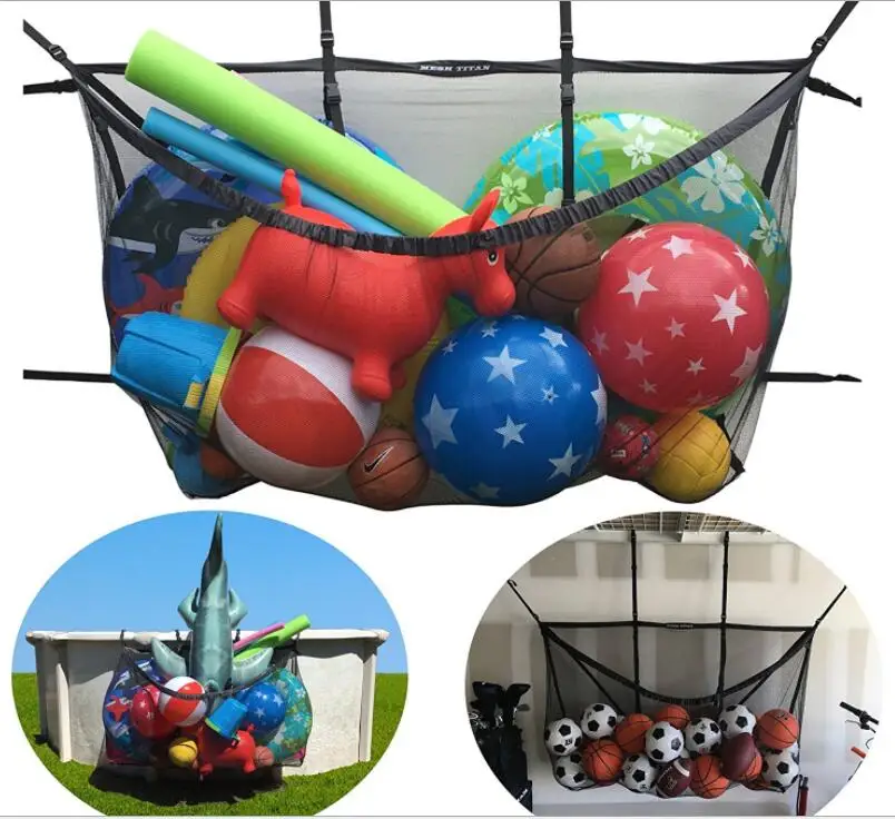 Beach Balls Container 1pcs Foldable Hook Mesh Bag Above Ground Pool Side Organizer Netting,Drying Rack Pool Net Storage Bag Container for Swimming Large Capacity Swimming Pool Storage Bag 