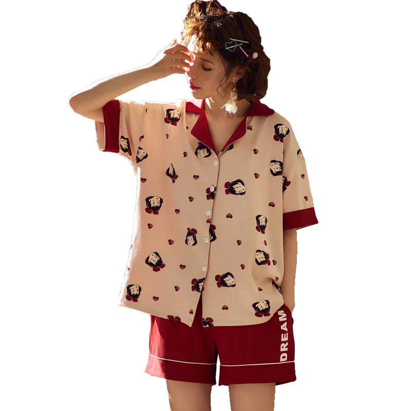 

Women pajamas set cotton lapel printed cardigan shorts 2 pcs sleepwear fashion casual hit color pijamas verano mujer large size