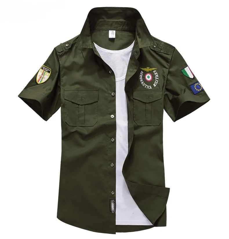 Mens Military Embroidery Shirt Summer 2018 Varying Patches Short Sleeve