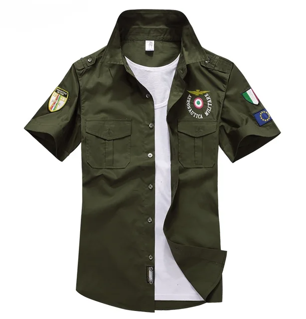 Mens Military Embroidery Shirt Summer 2018 Varying Patches Short Sleeve