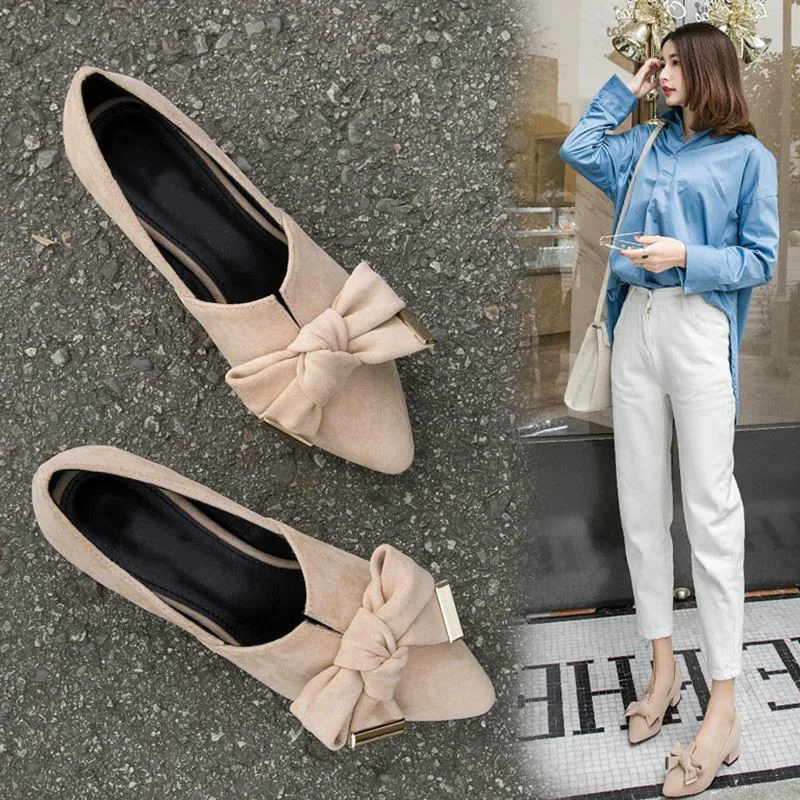 

Single Shoes Woman 2019 New Butterfly Knot Flowers Rough Heel Medium Heel 3.5cm Bean Shoes High Heels All Match Daily Shoes