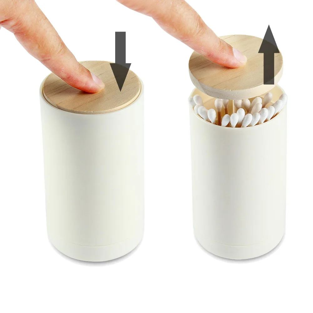 

Automatic Toothpick Cotton Bud Holder Pop-up Container Dispenser Home Decor Makeup cotton stick storage box with wood lid