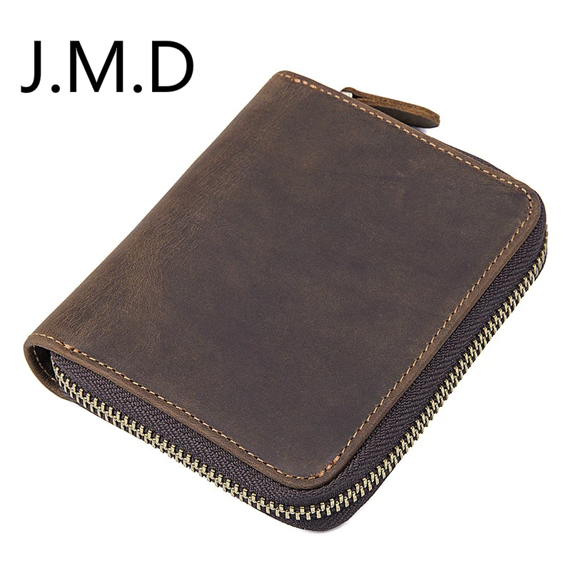

J.M.D 2019 New Crazy Horse Leather Men's Zipper Coin Purse RFID Shield Wallet 8170