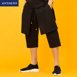 Houxu Для мужчин короткие штаны Подрезанные штаны Лето поддельные из двух частей укороченные штаны из хлопка и льна брюки Мужской Восточный