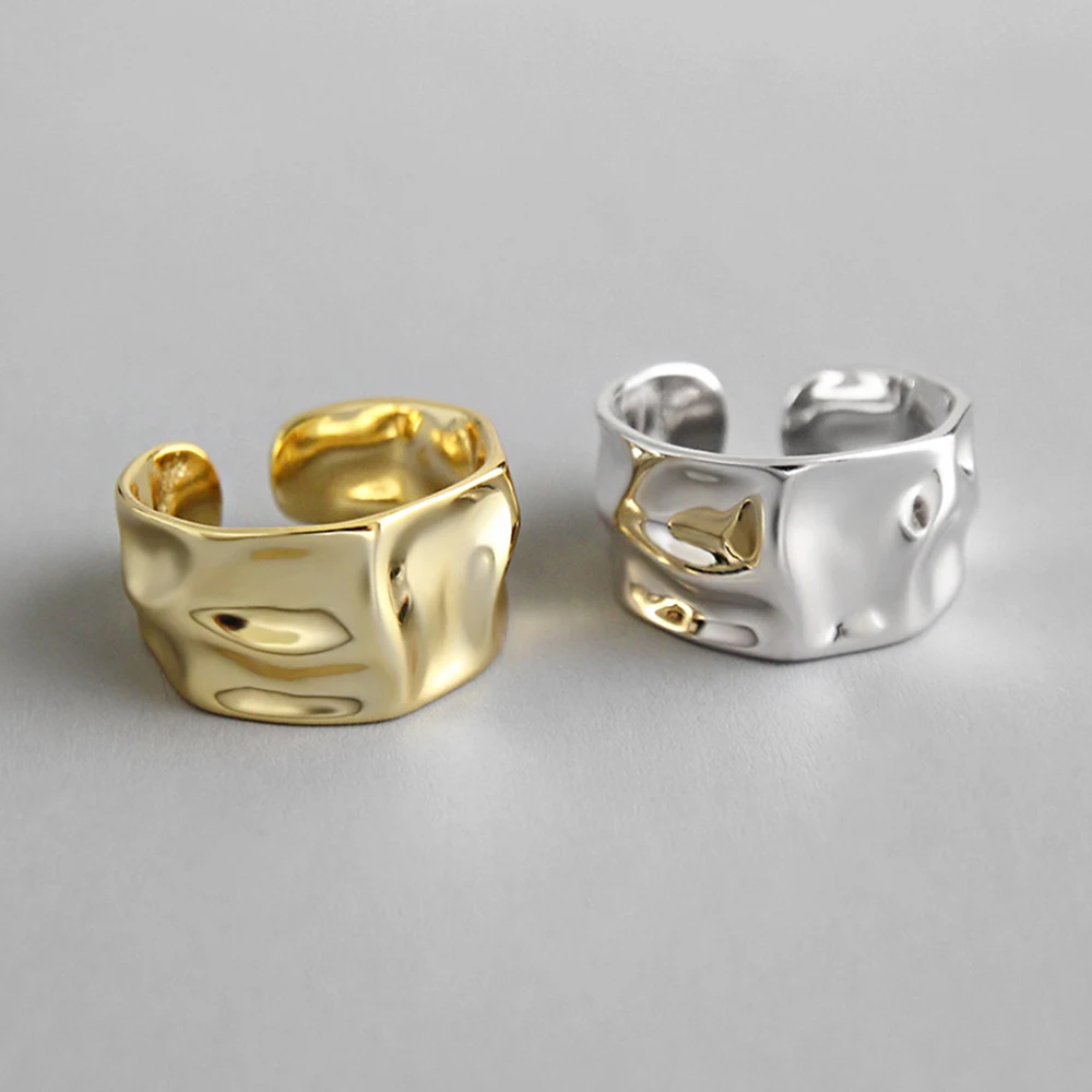

Sterling Silver 925 Exaggerated Irregular Uneven Face Wide Women Ring Resizable Punk Jewelry Gift for Lovers Couple Wedding Ring