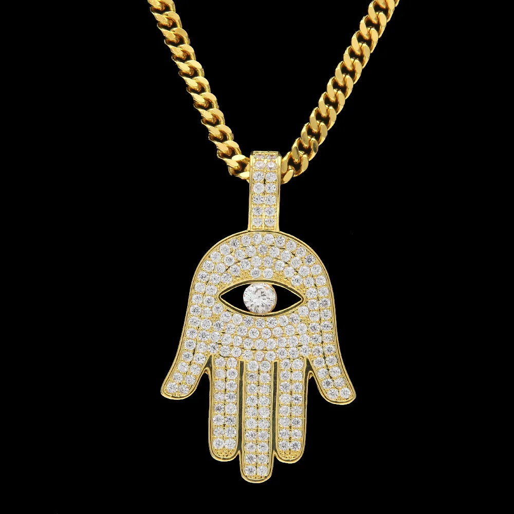 

2019 New Gold Silver Bling Khamsah Pendant with Zircon Long Chain Necklace for Women Man Hip Hop Jewelry