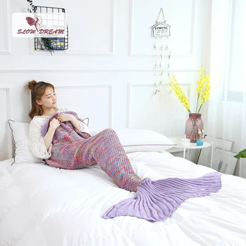 

Slowdream Light Purple Color Mermaid Throw Blanket Knitted Handmade Blanket Super Sofa Best Gift For Adult Kids Child Blanket