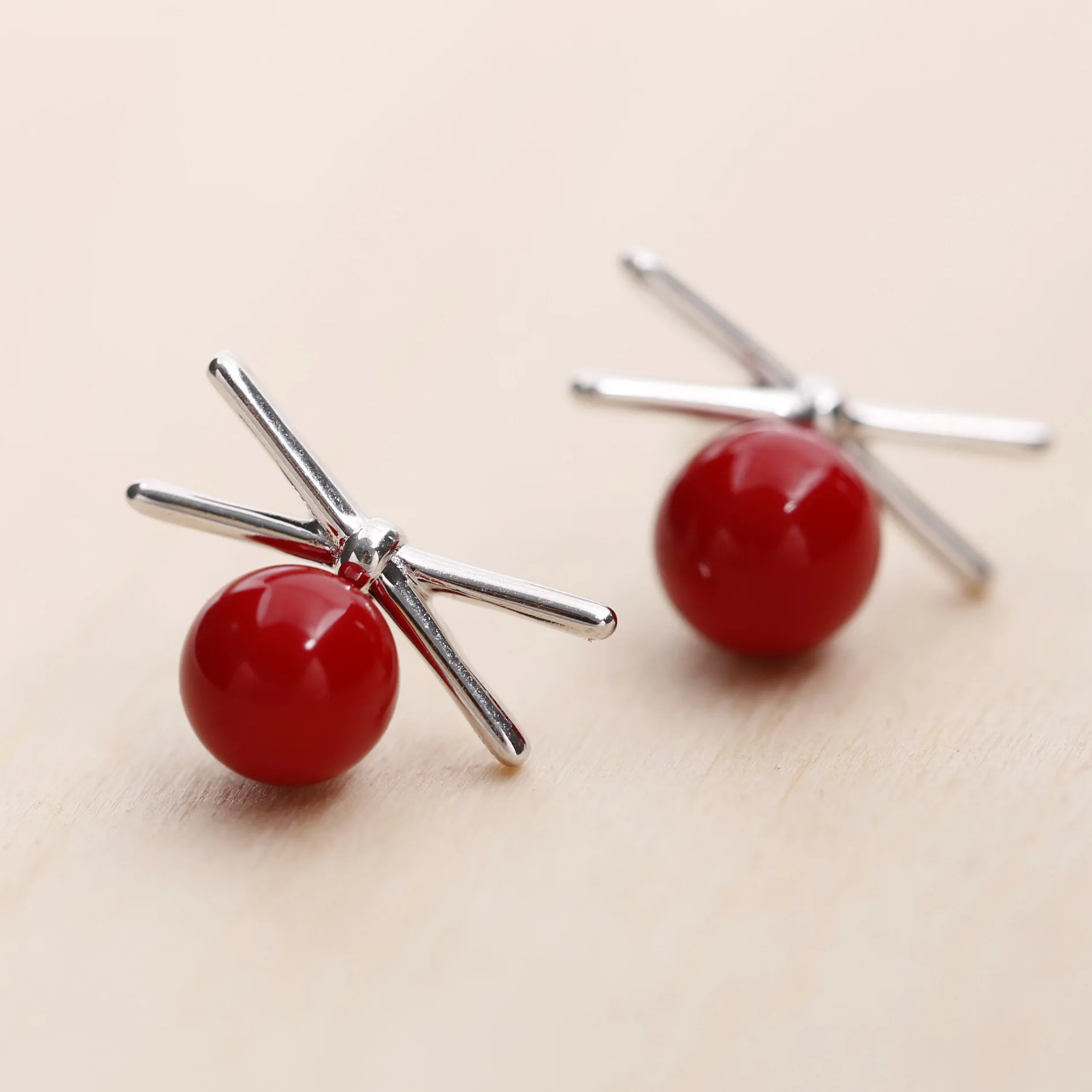 red bead bow 100% 925 Sterling silver Jewelry fashion Hypoallergenic Stud earrings for women gift