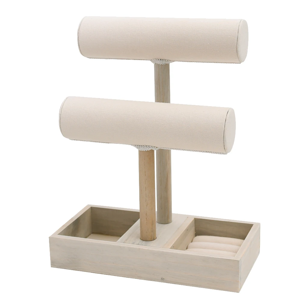Wooden T Bar Jewelry Stand Bracelet Necklace Display Organizer Rack With Compartments Ring Holder Case Tray