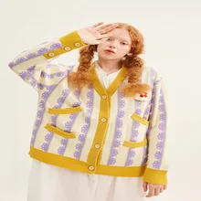 Дизайн, женский зимний толстый вязаный кардиган, пальто, фиолетовый, желтый цвет, кружево, v-образный вырез, длинный рукав, женский свитер, джемпер