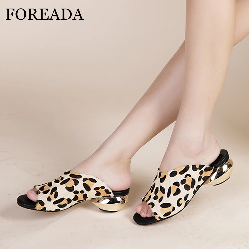 

FOREADA Women Shoes Summer Slippers Horsehair Strange Style Heels Shoes Leopard Peep Toe Slides Ladies Sandals Sliver Size 33-42