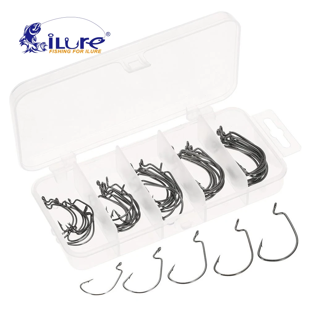

ilure 50pcs/boxes carbon steel crank hook set 5 size 1# 2# 1/0# 2/0# 3/0# soft bait fishing hook with storage box fishing tackle