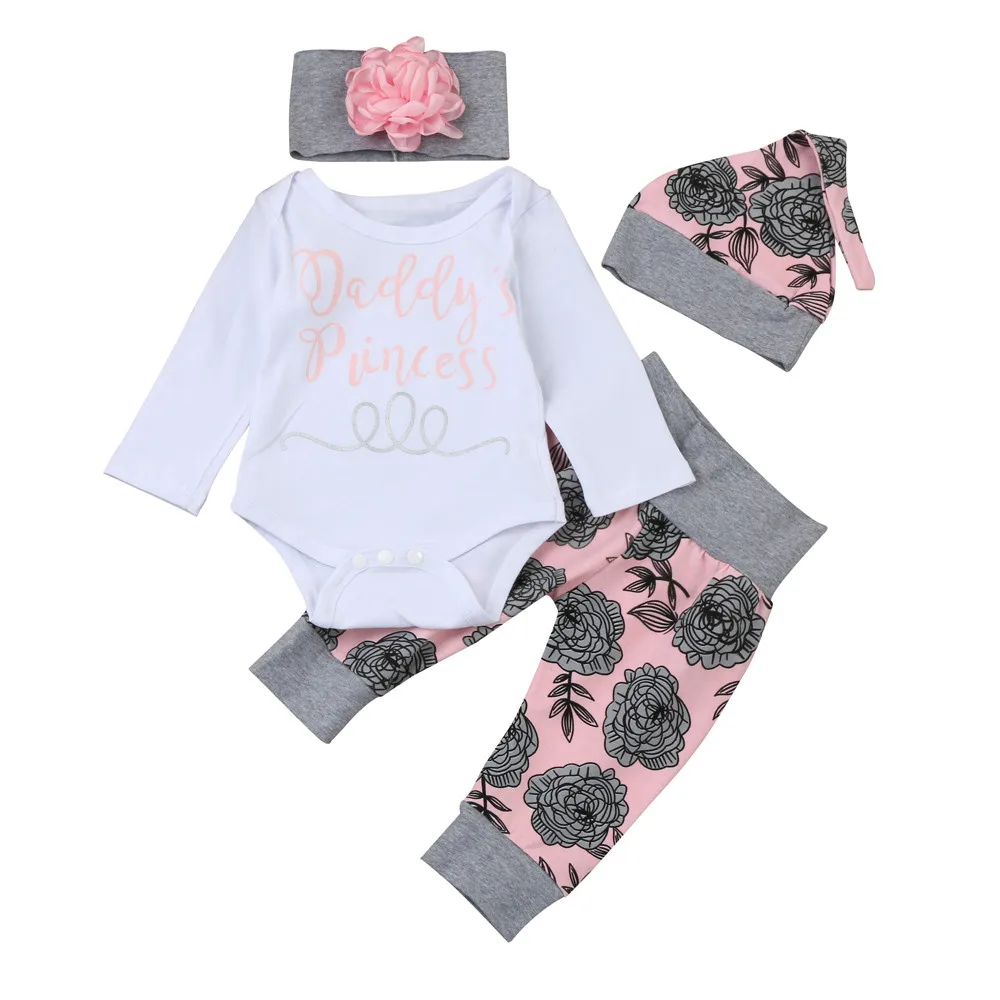 

4PCS baby girl clothes Newborn Infant Baby Girl Letter Romper Tops+Floral Pants Hat Outfits Clothes Set princess body infantil