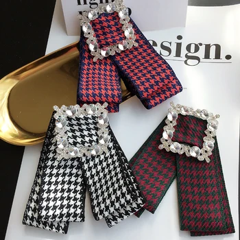 

free shipping new fashion 2017 Headwear plaid grid style wild square button rhinestone collar brooch shirt bow tie female woman