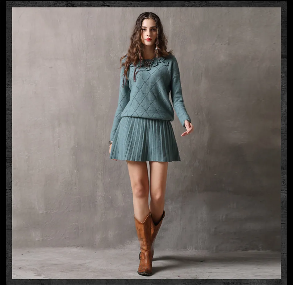 Vintage Winter Sweater Dress 2018 Cotton Wool Floral Knitting Dresses Female O-Neck Long Sleeve Pleated Sweater Dress Vestidos (8)