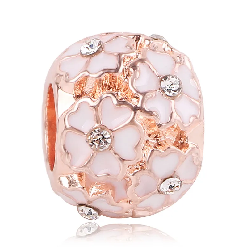 New Rose Gold Blush Pink Magnolia Bloom Bead Fit Original Pandora Charms Silver 925 Women Bracelet Jewelry DIY Making Gifts