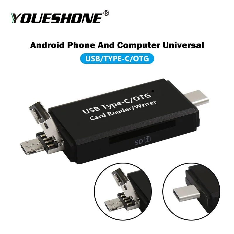 

USB 2.0 OTG / Type-C Card Reader high speed transmission Type C & micro USB & USB 3 In 1 OTG Card Reader for Android Computer